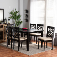 Baxton Studio RH332C-Sand/Dark Brown-7PC Dining Set Renaud Modern and Contemporary Sand Fabric Upholstered and Dark Brown Finished Wood 7-Piece Dining Set